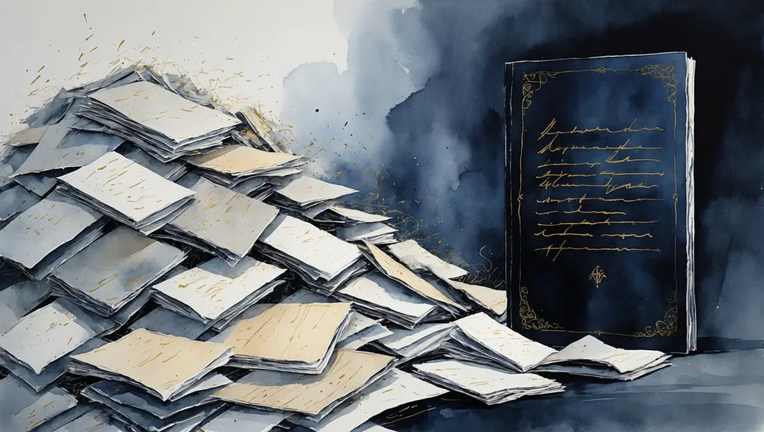 Viele Zettel, ein Blueprint — persönlicher Text statt Horoskop-Flut, Aquarell in Indigo und Gold.