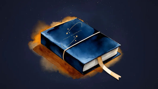 Ein gebundenes Buch, die Signatur  — ein Ort statt einer Liste, Aquarell in Indigo und Gold.