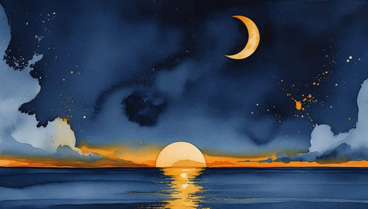 Was ist ein Cosmic Blueprint? — Sonne über dem Meer und Mondsichel am Nachthimmel, Aquarell in Indigo und Gold, Cosmic Blueprints.