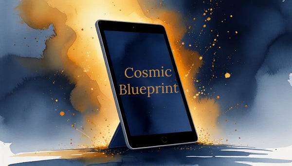 Wie lese ich einen Blueprint? — Tablet mit dem Schriftzug Cosmic Blueprint auf indigoblauem Bildschirm vor warmem goldenem Leuchten, Aquarell, Cosmic Blueprints