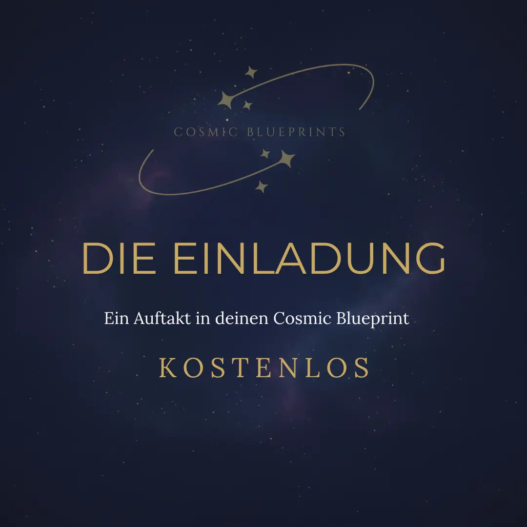 Die Einladung von Cosmic Blueprints — Cover in Indigo mit goldenem Schriftzug und Sternenbogen