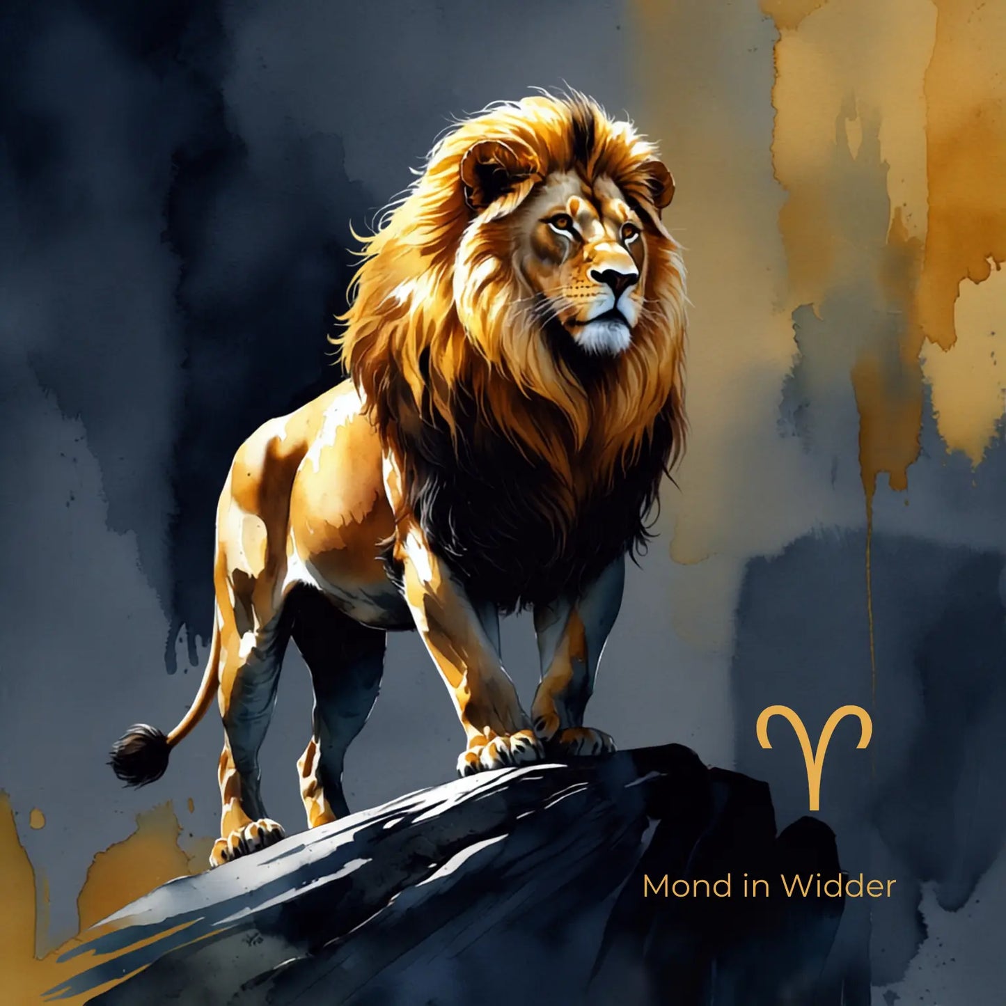 Der Funke — Sonne in Löwe, Mond in Widder: goldener Löwe mit Widder-Glyph, Aquarell in Indigo und Gold